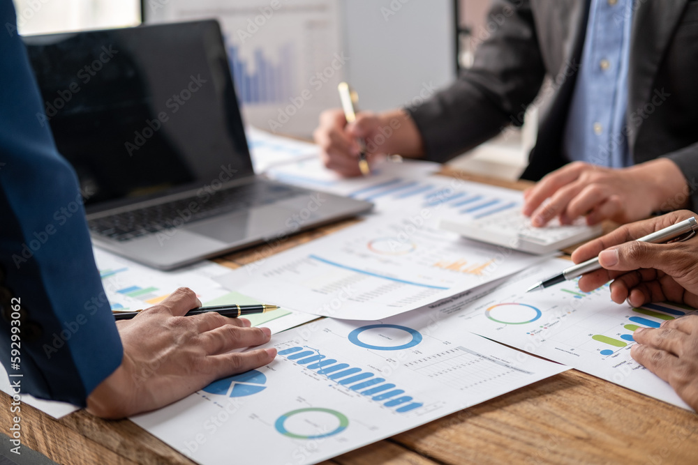 Closed up of brain storm creative thinking business project meeting discussing presentation, group teamwork together calculate figure summary