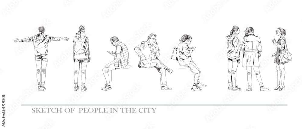 Group of people sitting and talking in the city. Sketch. Collection of silhouettes for your project. 