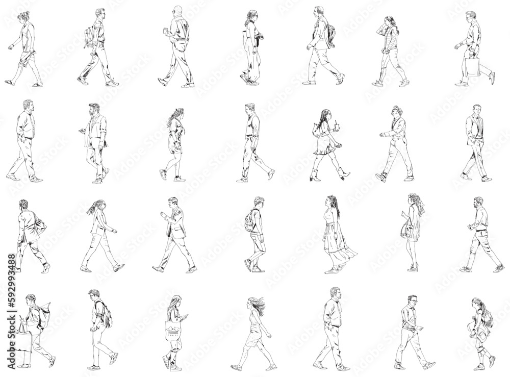 Background with lots of walking people. Sketch. Collection of silhouettes for your project. 