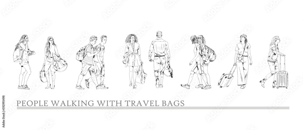 Group of people, tourists with travel bags. Sketch. Collection of silhouettes for project. Group of people, tourists with travel bags. Sketch. Collection of silhouettes for project.