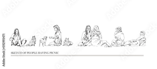 Group of people, tourists having a picnic in park. People relaxing and having a lunch. Sketch. Collection of silhouettes for project.