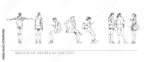 Group of people sitting and talking in the city. Sketch. Collection of silhouettes for your project. 
