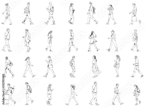 Background with lots of walking people. Sketch. Collection of silhouettes for your project. 
