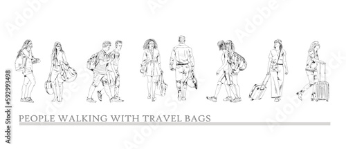 Group of people, tourists with travel bags. Sketch. Collection of silhouettes for project.	