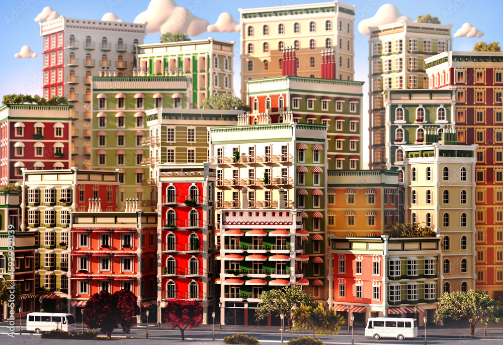 Beautiful city 3D rendering illustration. Apartments buildings and office blocks