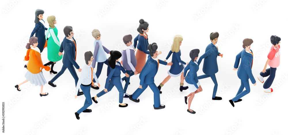Group of business people walking at white, top view. 3D rendering illustration	