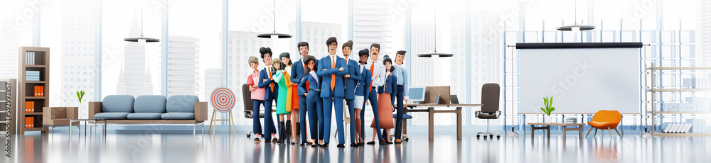 Successful business people, business team stay in line in office and smile to camera. 3D rendering illustration Successful business people, business team stay in line in office and smile to camera. 3D rendering illustration