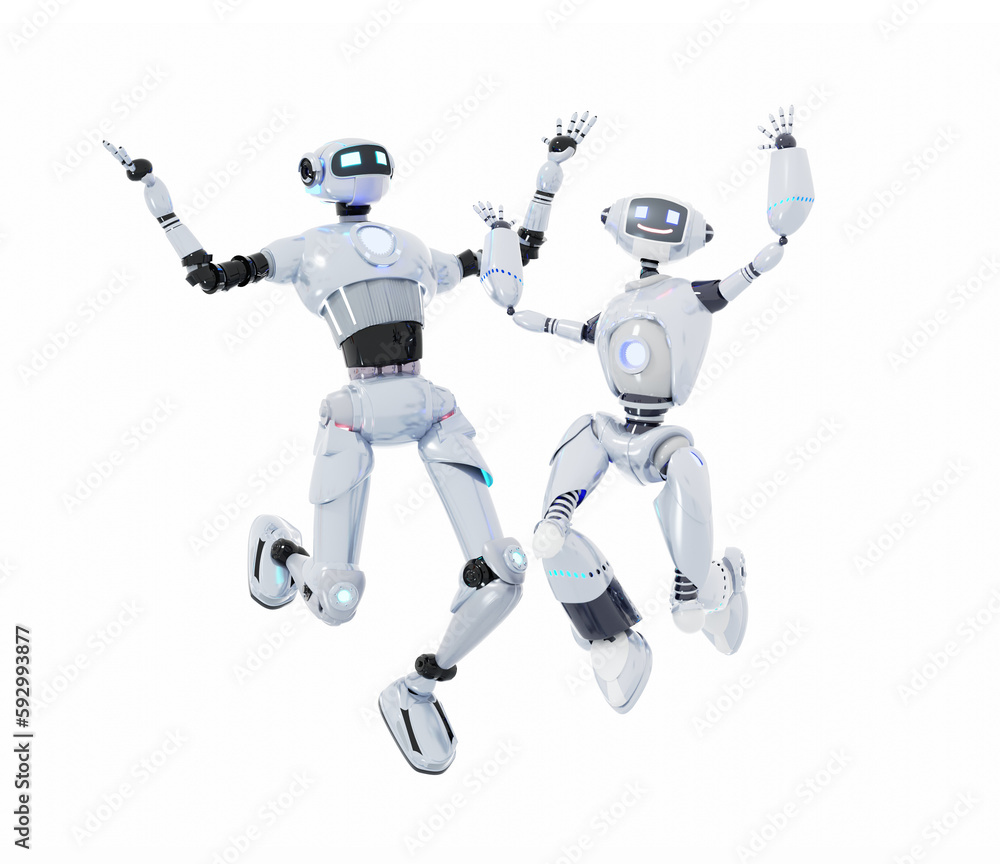 Robots jumping up and wave to camera. 3D rendering illustration Robots jumping up and wave to camera. 3D rendering illustration