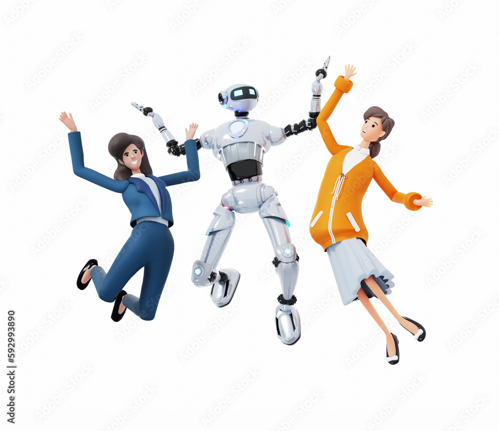 Robot and two young woman jumping up and wave to camera. People and robots working together. 3D rendering illustration	