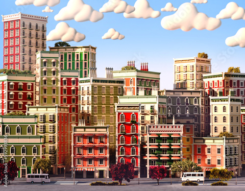 Beautiful city 3D rendering illustration. Apartments buildings and office blocks © IRStone