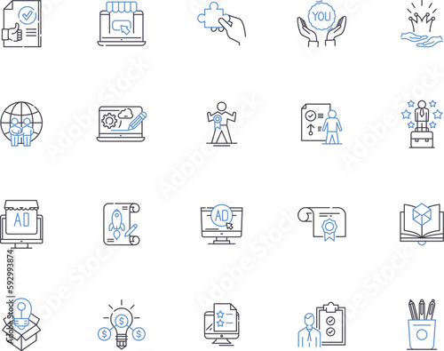 Marketing concept outline icons collection. Strategy, Promotion, Customers, Segmentation, Brand, Research, Targeting vector and illustration concept set. Advertising, Perception, Social linear signs