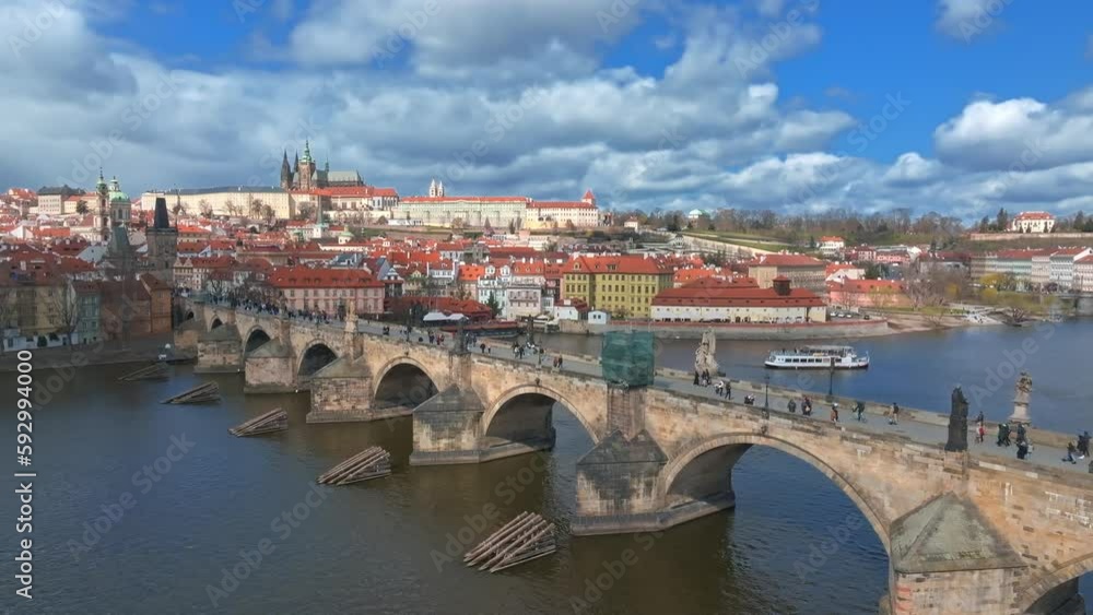 Scenic spring panoramic aerial view of the Old Town pier architecture and Charles Bridge over Vltava river in Prague, Czech Republic Scenic spring panoramic aerial view of the Old Town pier architecture and Charles Bridge over Vltava river in Prague, Czech Republic