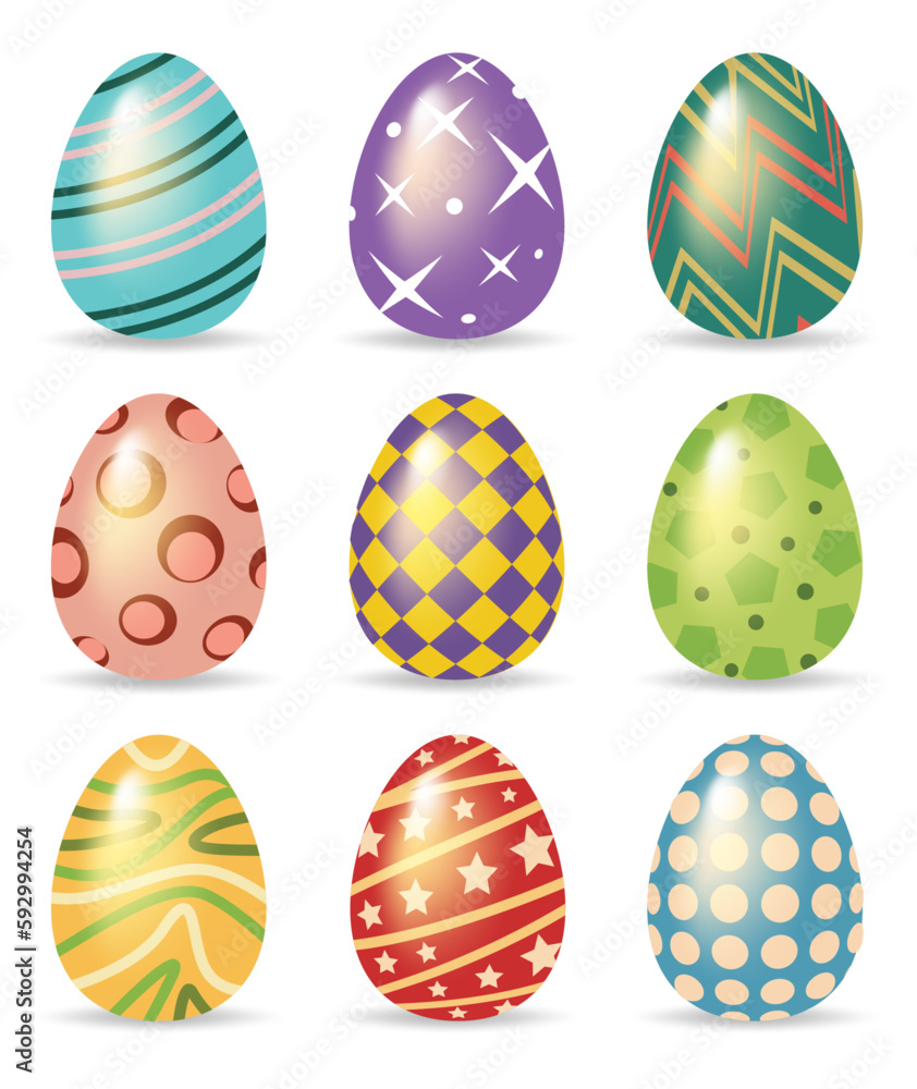 Happy Easter day. Set of Easter eggs glossy style on a white background. Vector Illustration Happy Easter day. Set of Easter eggs glossy style on a white background. Vector Illustration