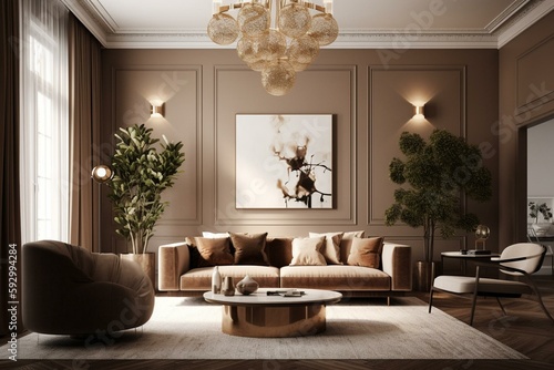 Luxury living room in brown beige colors. Ivory empty walls, warm tone and lounge furniture taupe chair and rich sofa. Space for art or picture. Mockup home room or lounge hall. 3d. Generative AI