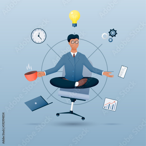 Multitasking person. Businessman in zen yoga lotus position doing many tasks and drinking coffee at the same time. Vector illustration.