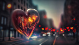 Heart in the city. A transparent heart focuses the city and captures it. 