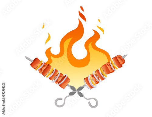 Roasted kebab on skewer with fire bbq grilled food vector illustration on white background