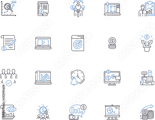 Business and finance outline icons collection. Finance, Business, Investment, Banking, Accounting, Management, Capital vector and illustration concept set. Economics, Stock, Wealth linear signs