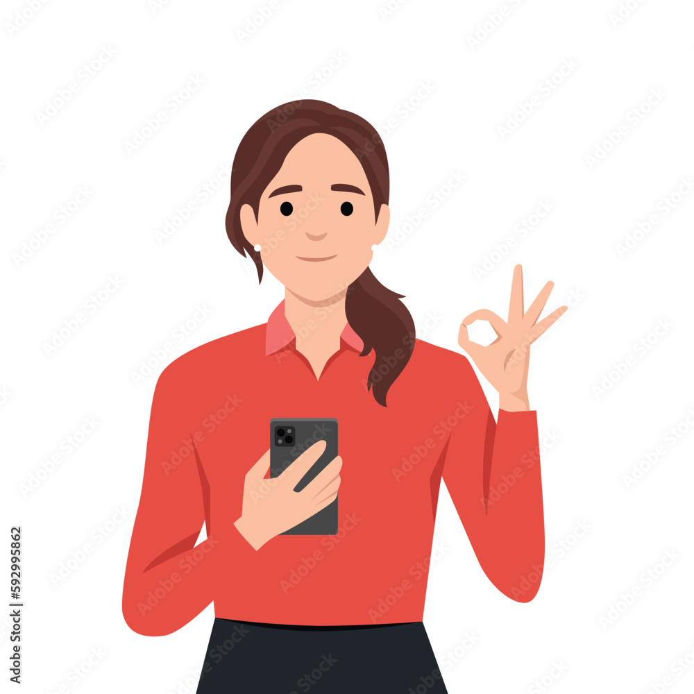 Technology, advertisement, communication, presentation concept. Young happy woman girl character shows smartphone with ok sign and winking. Promotion of innovative technological devices demonstration. Technology, advertisement, communication, presentation concept. Young happy woman girl character shows smartphone with ok sign and winking. Promotion of innovative technological devices demonstration.