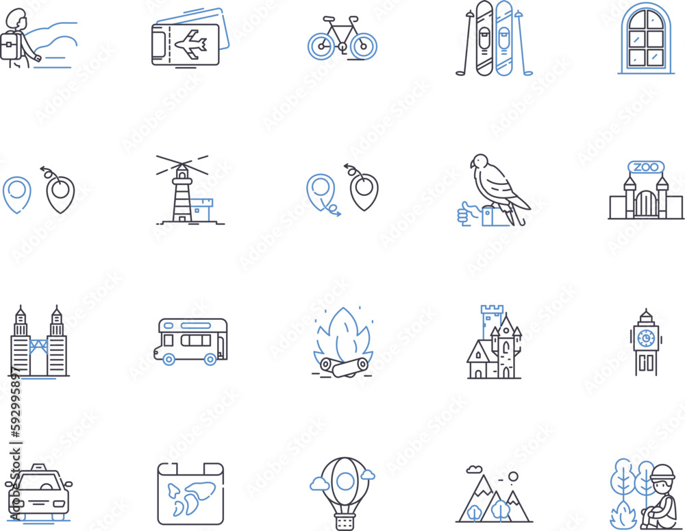 Naklejka premium World travel outline icons collection. tourism, journey, trips, explorer, expeditions, wanderlust, cruises vector and illustration concept set. explorer, flight, excursions linear signs