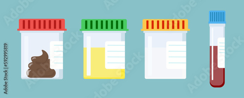 Set of vector test tubes with caps. Stool, blood, urine, sperm. Pharmacy treatment vector illustration