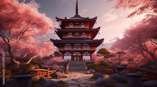 Japanese temple with cherry blossom in the background - Generative AI