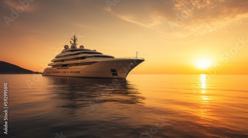 Luxury yacht in the sea at sunset. Generative AI