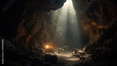 Cave with light rays coming through the cave. Generative AI