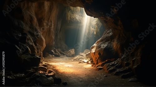 Inside of a cave with sunlight shining through the hole. Generative AI