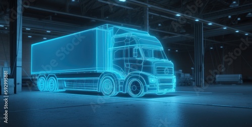 Generative AI of a neon blue truck in a warehouse with lights