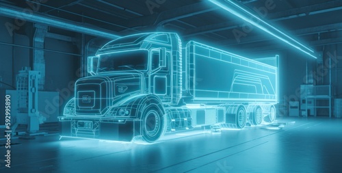 Generative AI of a big truck in a warehouse with neon lights