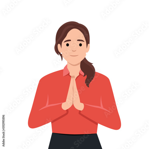 Illustration of a woman asking for a request. Woman feeling sorry concept