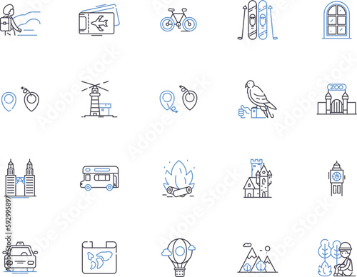 World travel outline icons collection. tourism, journey, trips, explorer, expeditions, wanderlust, cruises vector and illustration concept set. explorer, flight, excursions linear signs