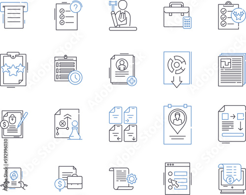 law agency outline icons collection. Law Firm, Lawyer, Practice, Attorney, Solicitors, Barristers, Chambers vector and illustration concept set. Counsel, Prosecution, Jurisprudence linear signs
