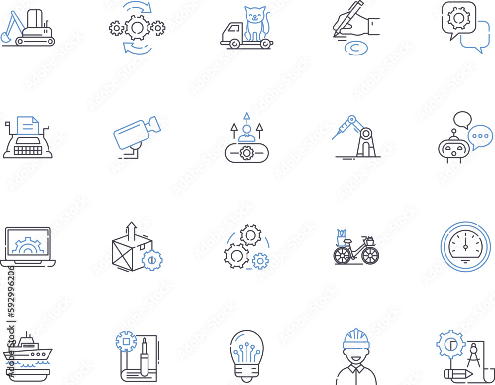 Mechanics outline icons collection. Mechanics, Repair, Motor, Automotive, Engineering, Torque, Friction vector and illustration concept set. Restitution, Dynamics, Force linear signs
