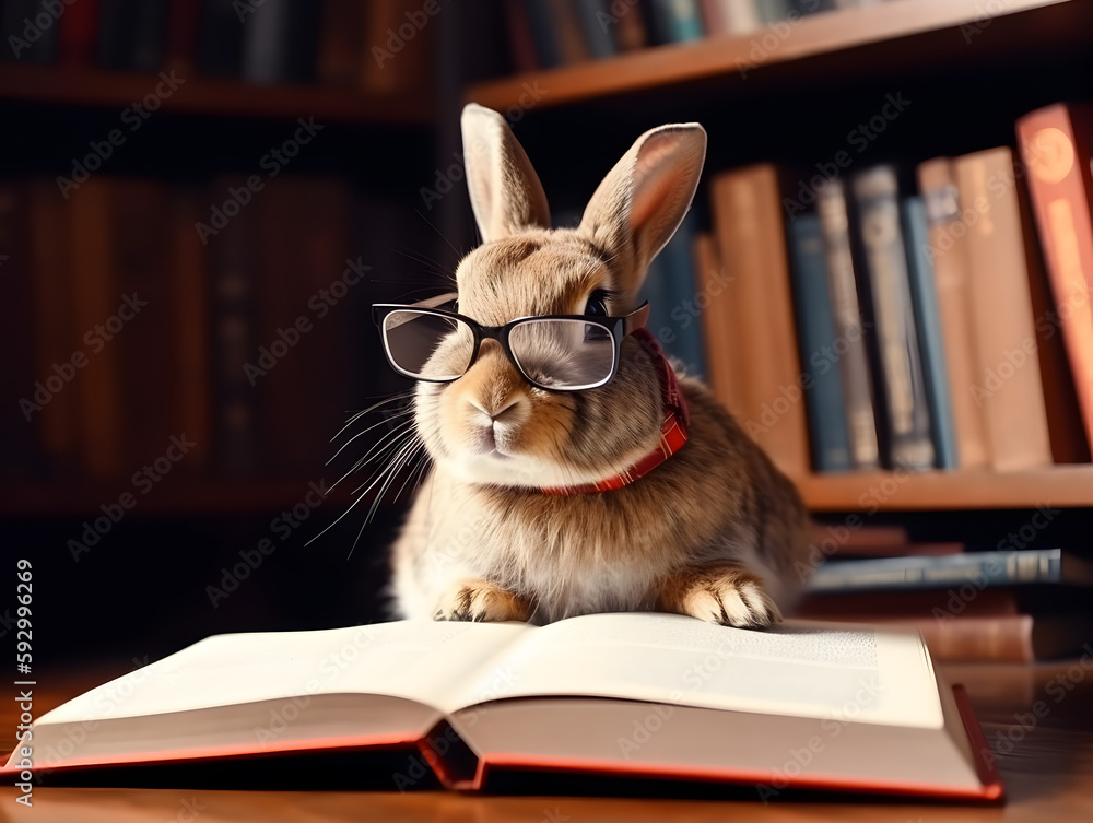 Cute rabbit with eyeglasses and book about bedtime stories.