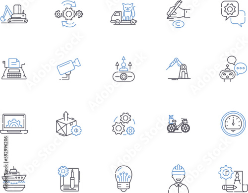 Mechanics outline icons collection. Mechanics, Repair, Motor, Automotive, Engineering, Torque, Friction vector and illustration concept set. Restitution, Dynamics, Force linear signs