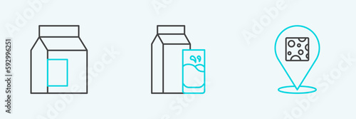 Set line Cheese, Paper package for milk and kefir icon. Vector