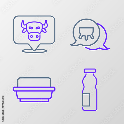 Set line Drinking yogurt in bottle  Butter a butter dish  Udder and Cow head icon. Vector