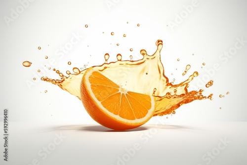 Half an orange with splashes of juice generative ai