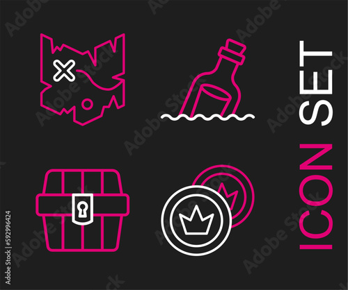Set line Pirate coin, Antique treasure chest, Bottle with message water and map icon. Vector