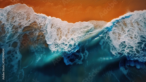 Orange sandy beach and turquoise sea waves roll on shore, AI generative illustration of coastline from above