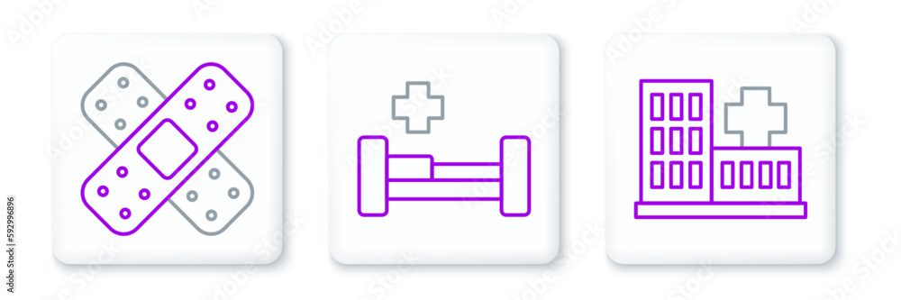 Set line Hospital building, Crossed bandage plaster and bed icon. Vector Set line Hospital building, Crossed bandage plaster and bed icon. Vector