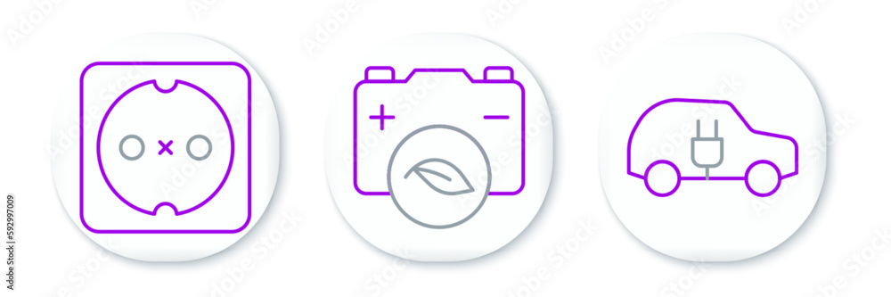 Set line Electric car, Electrical outlet and Eco nature leaf battery icon. Vector Set line Electric car, Electrical outlet and Eco nature leaf battery icon. Vector