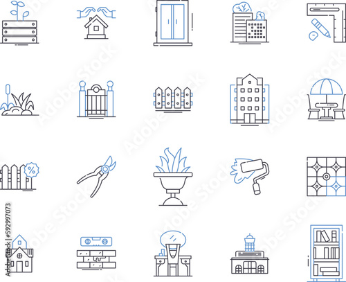 Apartment building outline icons collection. Apartment, Building, Block, Complex, Structure, Dwelling, High-rise vector and illustration concept set. Multifamily, Residence, Tower linear signs