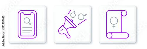 Set line Feminism, Dating app and Feminist activist icon. Vector
