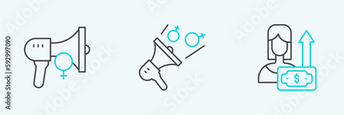 Set line Money growth woman, Feminist activist and icon. Vector