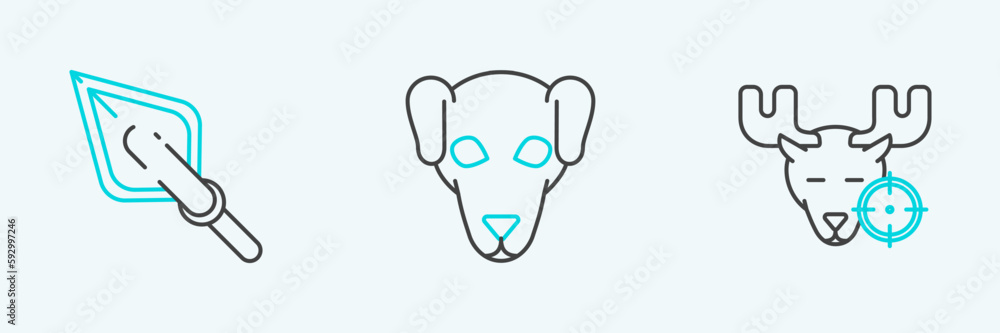 Set line Hunt on moose with crosshairs, Hipster arrow tip and Hunting dog icon. Vector Set line Hunt on moose with crosshairs, Hipster arrow tip and Hunting dog icon. Vector