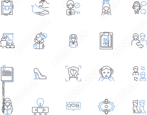 Women business outline icons collection. Female, Entrepreneurs, Moguls, Executives, Professionals, Managers, Leaders vector and illustration concept set. Ownership, Startups, Finance linear signs