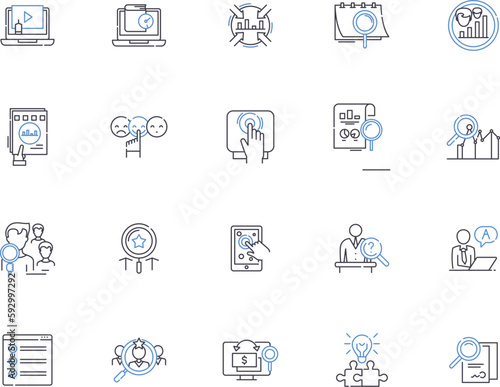 Search outline icons collection. Find, Explore, Hunt, Lookup, Locate, Query, Scan vector and illustration concept set. Track, Research, Dig linear signs